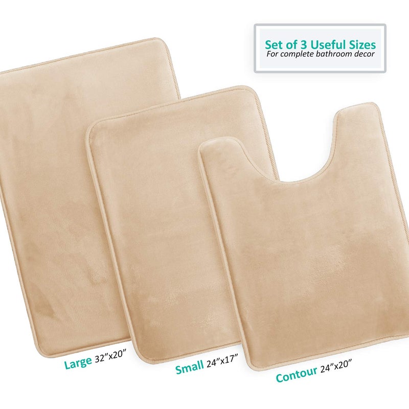 Clara Clark 3 Piece Bathroom Rugs Bath Mat Set, Velvet Memory Foam Bath Mats for Bathroom - Non-Slip, PVC Backing Bath Rugs, Washable - Dries Quickly, Beige - Image 3